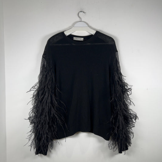 Valentino Black Cashmere Knit Feather Sleeved Crewneck Size L