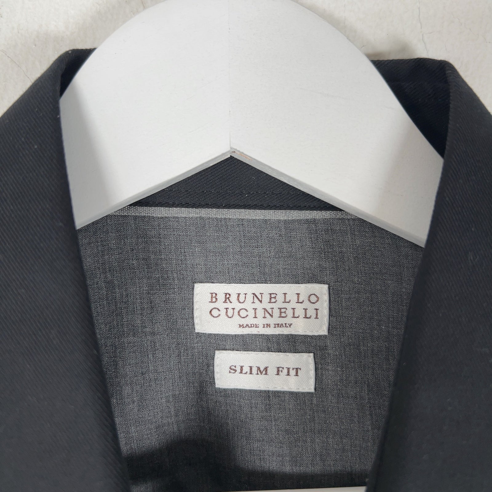 Brunello Cucinelli Spread Collar Slim Fit Black Cotton Shirt