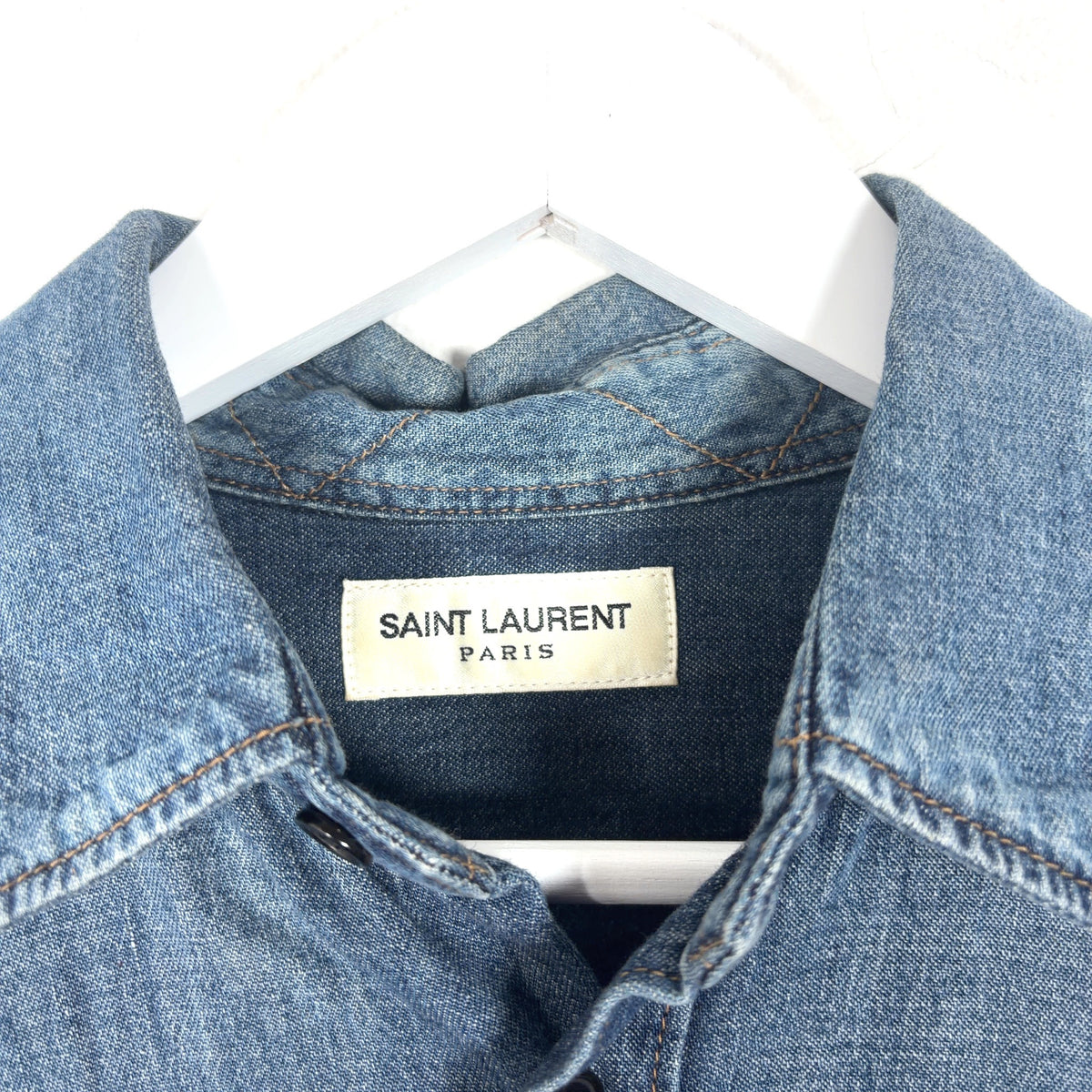 Saint Laurent FW17 Military Logo Patch Denim Button-Up T-Shirt