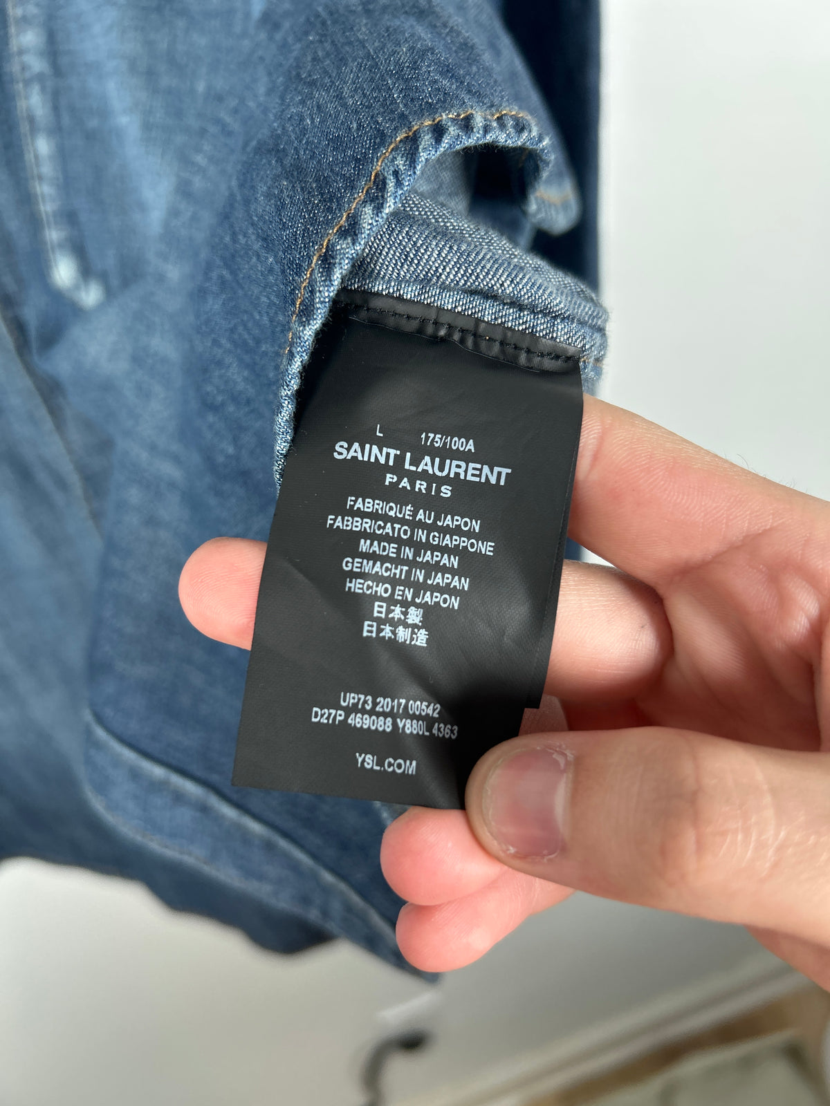 Saint Laurent FW17 Military Logo Patch Denim Button-Up T-Shirt