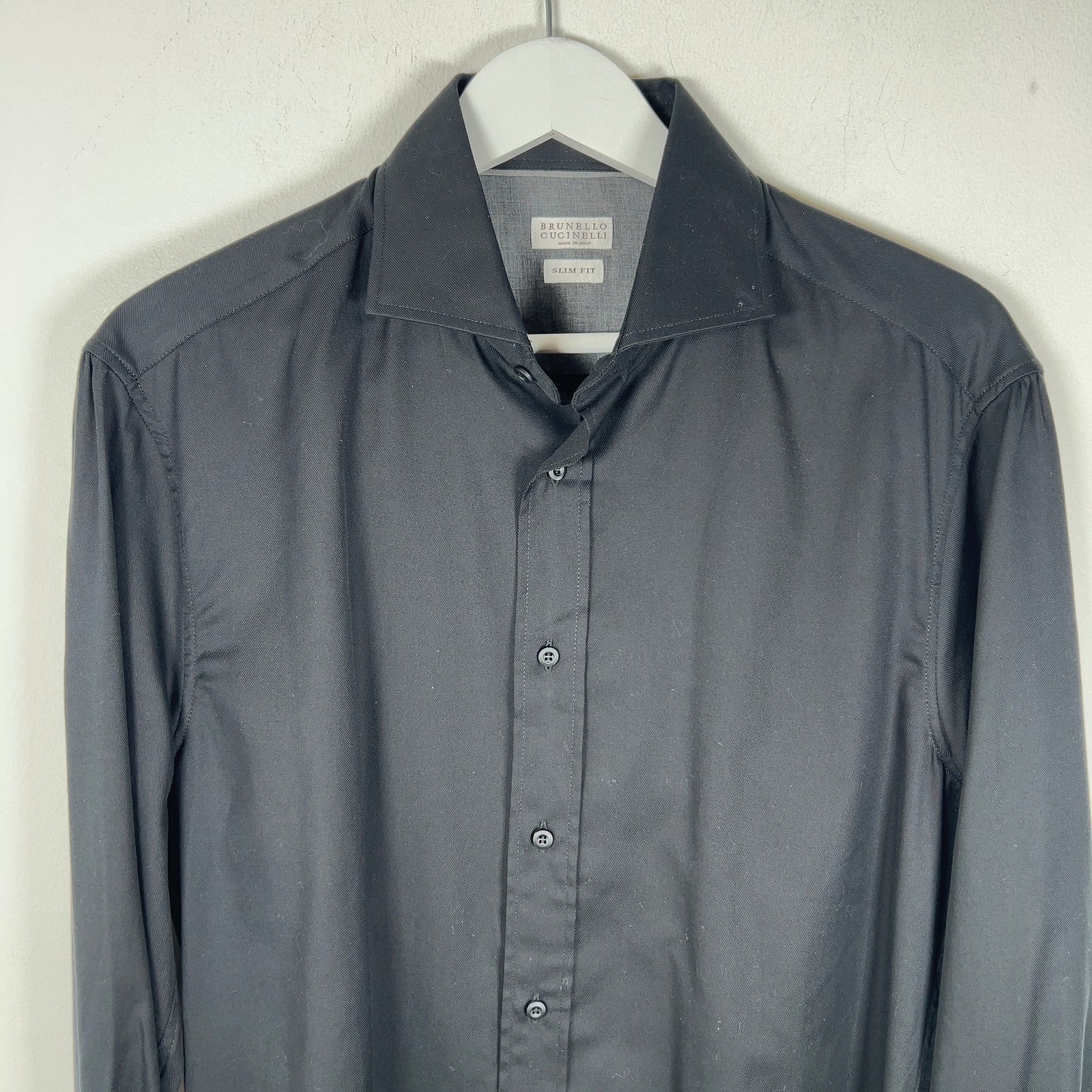 Brunello Cucinelli Spread Collar Slim Fit Black Cotton Shirt