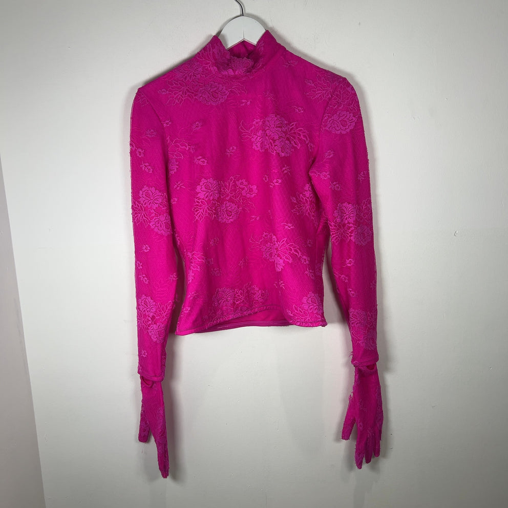 Balenciaga Pink Mesh Gloved Mock Neck Top Size XS