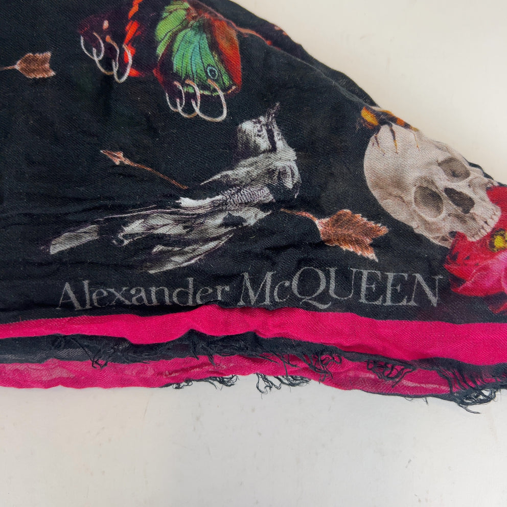 Alexander McQueen Floral Moth Print Silk Cotton Scarf