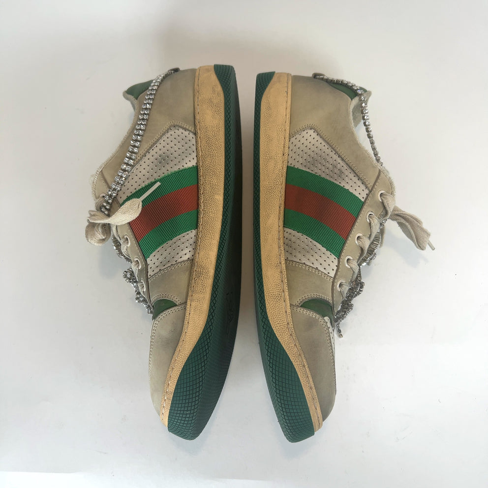 Gucci Web Crystal Distressed Screener Lowtop Sneakers
