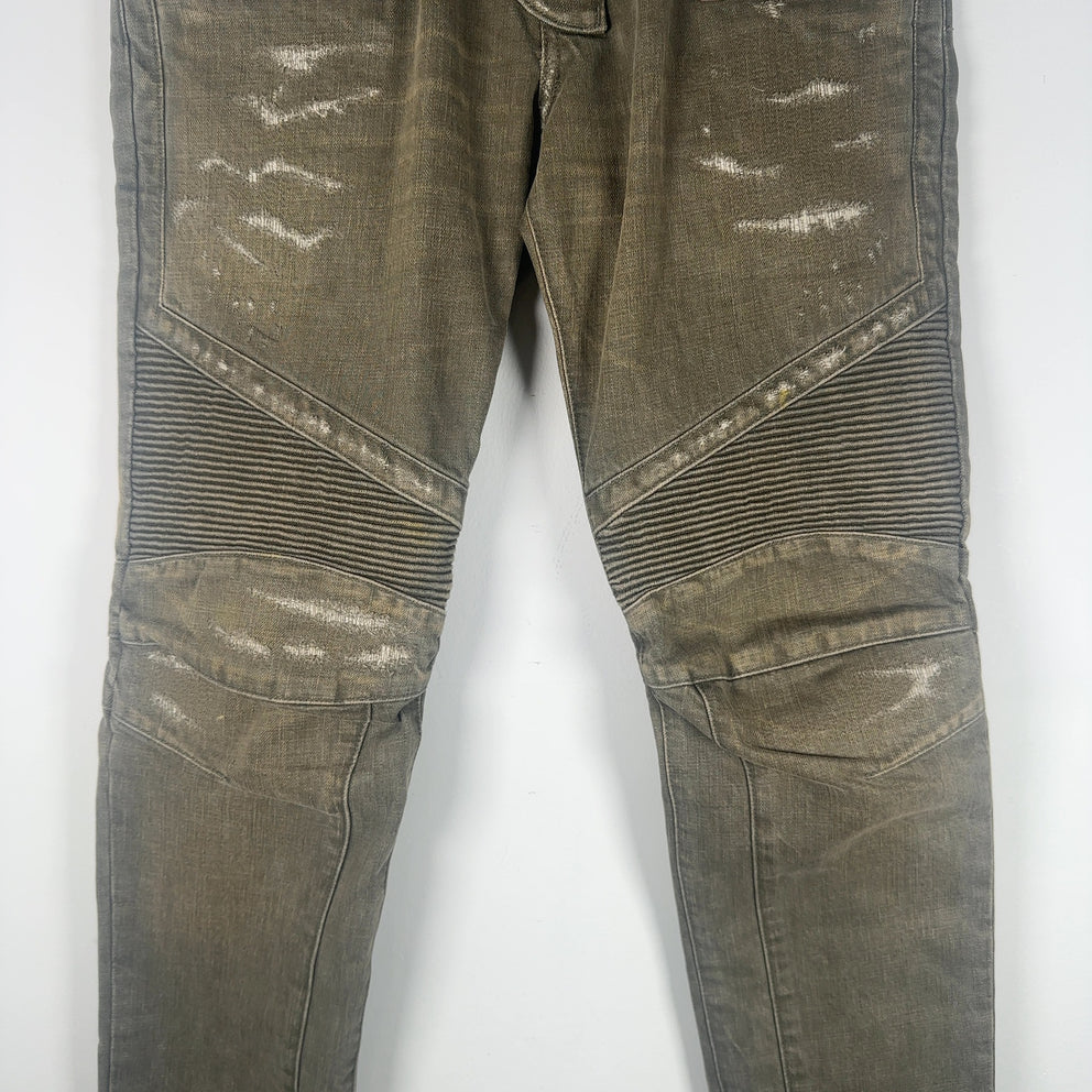 Balmain Green Denim Biker Jeans