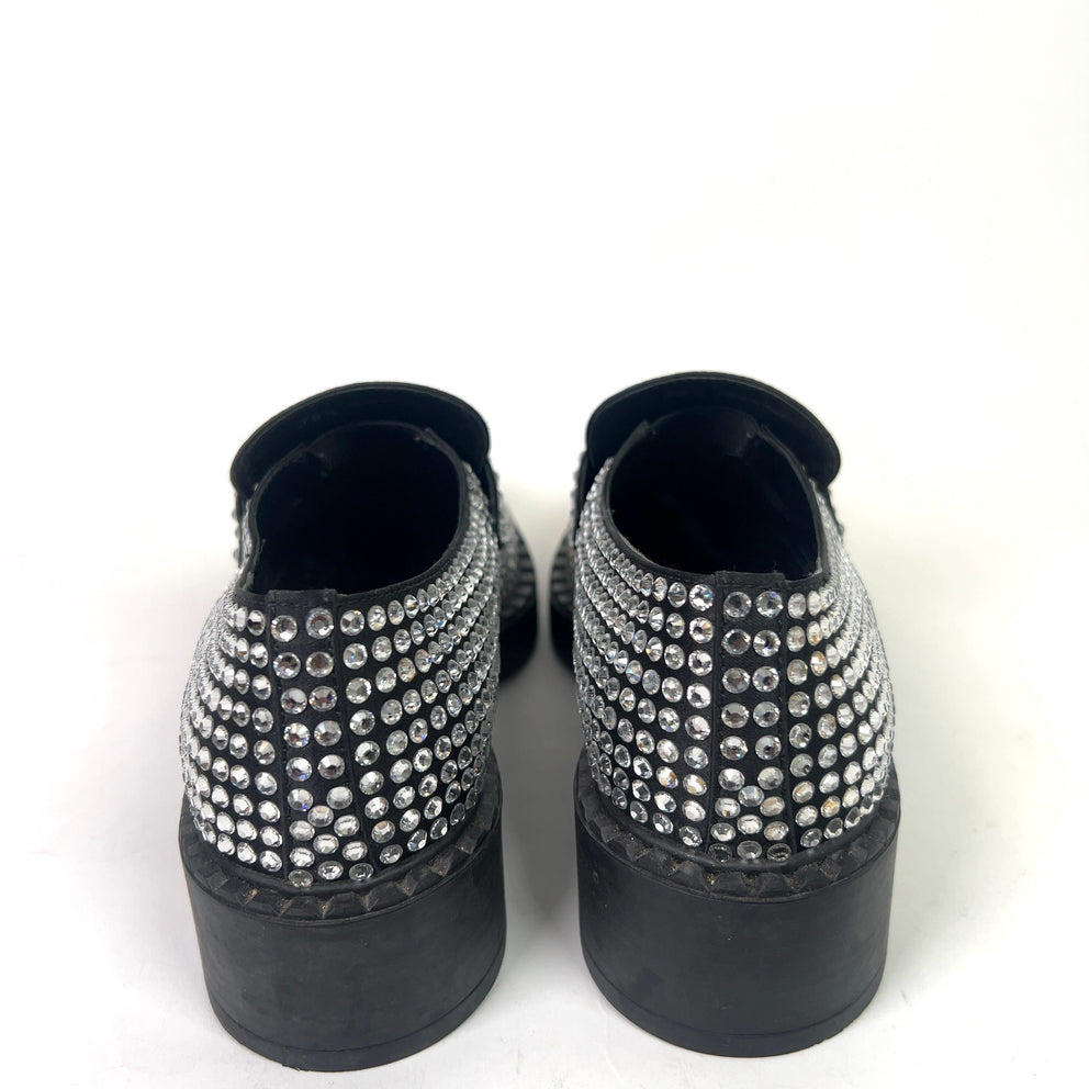 Prada Crystal Embellished Triangle Logo Loafers