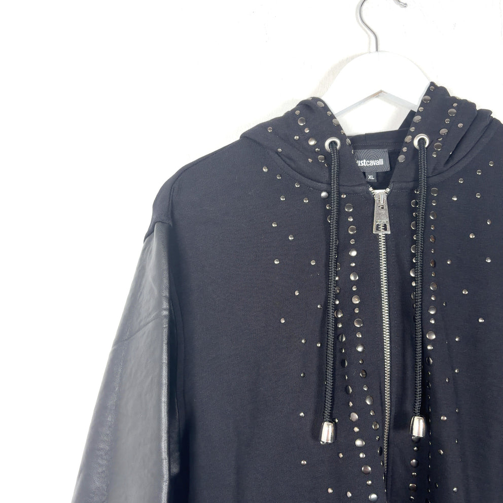 Robert Cavalli Studded Leather Sleeve Zip-Up Hoodie