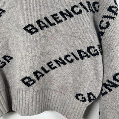 Balenciaga Wool Knit Grey All Over Logo Cropped Sweater Size M