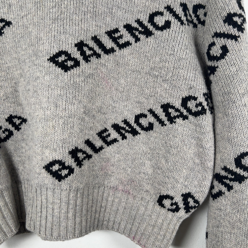 Balenciaga Wool Knit Grey All Over Logo Cropped Sweater Size M