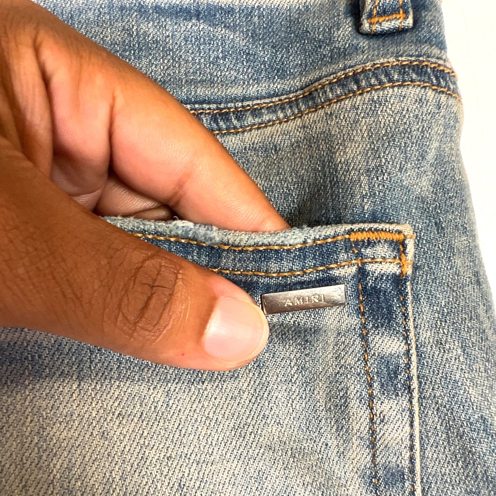 Amiri Clay Indigo Quilted Art Patch Denim Jeans