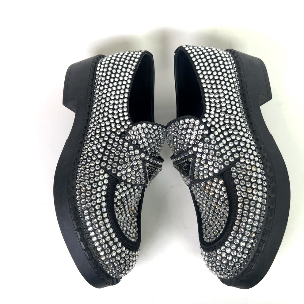 Prada Crystal Embellished Triangle Logo Loafers