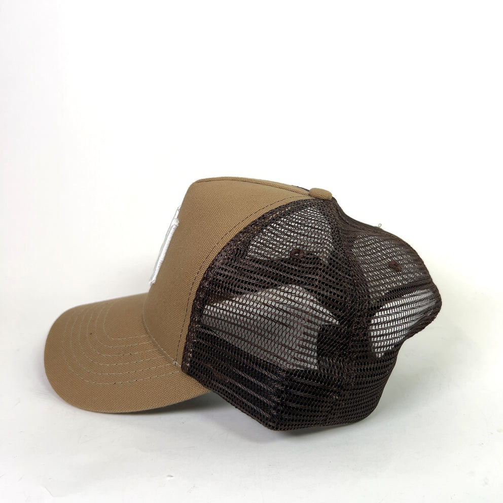 Amiri Brown MA Logo Trucker Hat