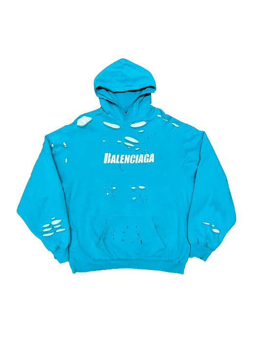 Balenciaga Teal Distressed Hoodie Fits OS